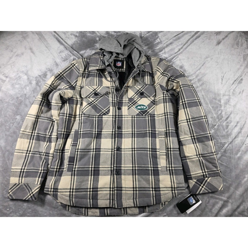 NWT New York Jets‎ Hooded Quilt Lined Plaid Thick Shacket Jacket Men's Medium